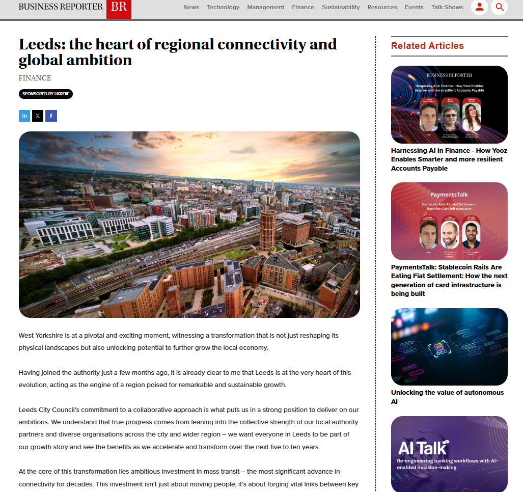 Screenshot of a long form article about Leeds being at the heart of regional connectivity