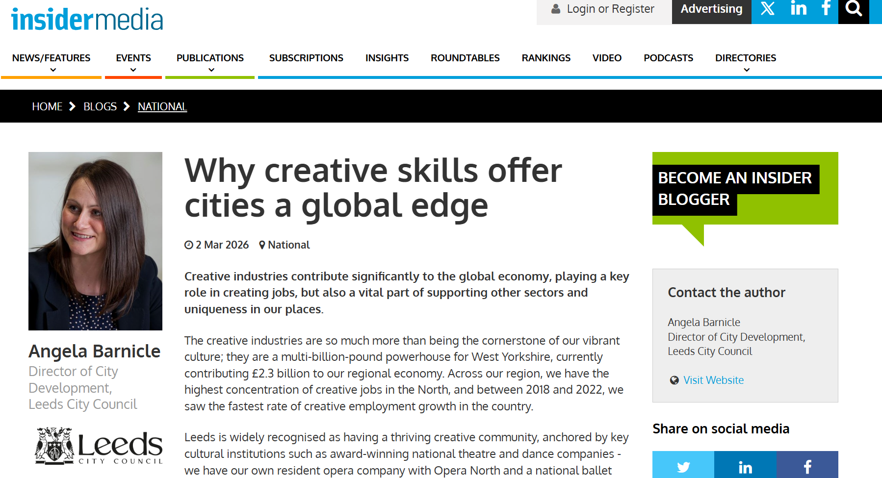 A snapshot of an Insider Media piece around the importance of the creative industries