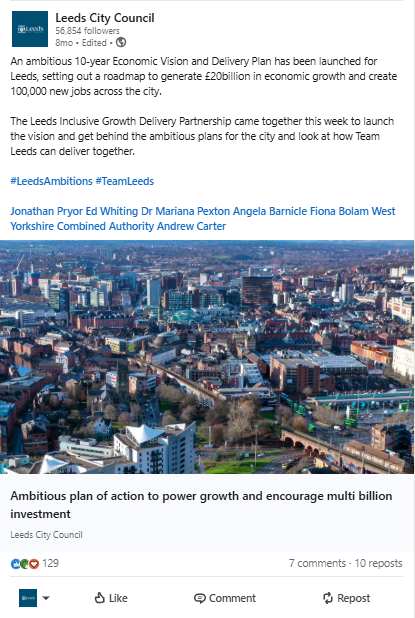 A snapshot of a social post on LinkedIN about the economy in Leeds